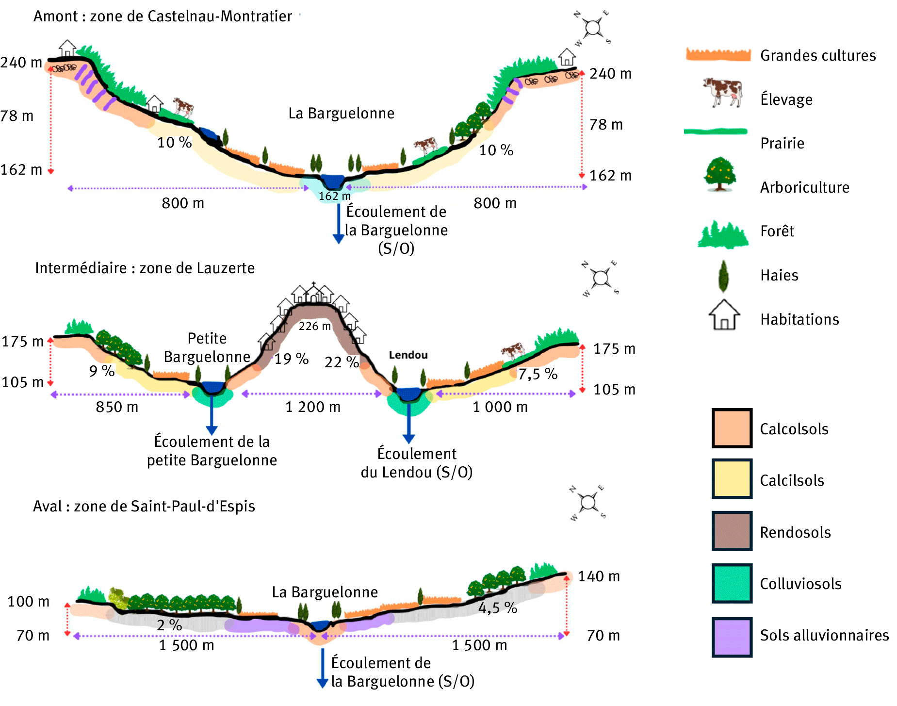 Figure 1. Toposéquences de la zone amont, intermédiaire et avale du bassin versant de la Barguelonne (École d’ingénieurs de Purpan, 2023).