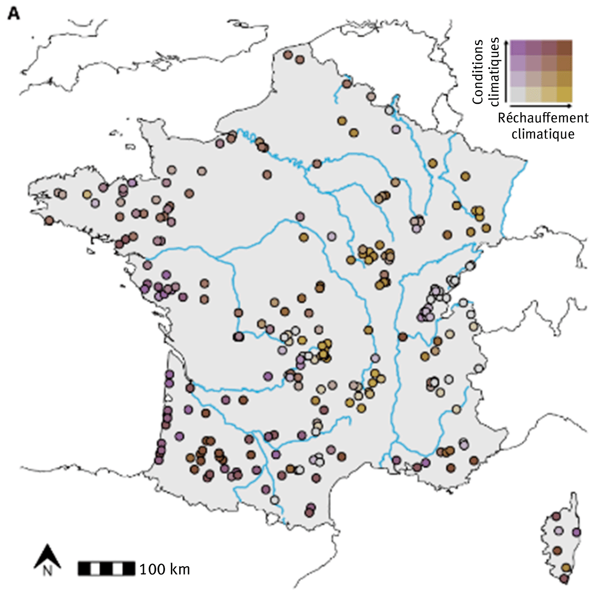 Figure 3. Localisation géographique et caractéristiques de la température lacustre des 257 plans d’eau analysés. En haut à droite, carte bivariée choroplèthe des conditions climatiques (°C) et du réchauffement de l’eau (°C déc-1).