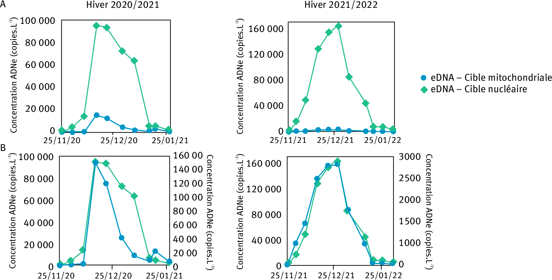 Figure 4. Comparaison d’une cible nucléaire et mitochondriale pour le suivi ADNe (ADN environnemental) de la phénologie de la reproduction du corégone dans le Léman.