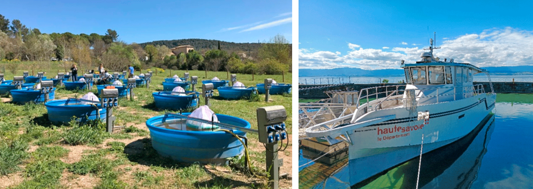 Photo 2. À gauche, plateforme expérimentale de l’unité RECOVER ; à droite, bateau de recherche La Mirandelle de Haute-Savoie de l’unité mixte de recherche CARTTEL.