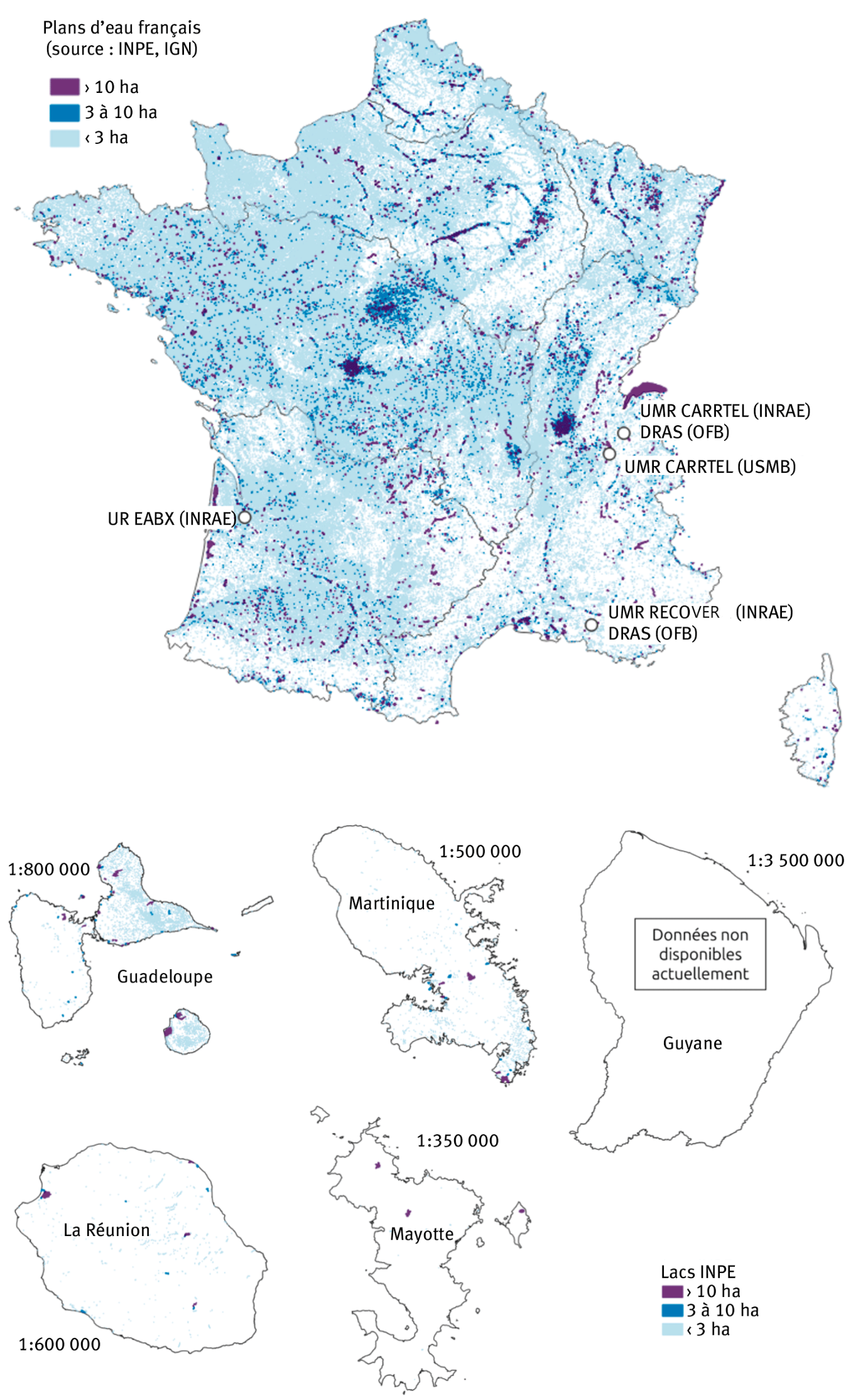 Figure 1. Cartographie des plans d’eau de France (INPE, 2024) et des implantations du Pôle R&D ECLA.