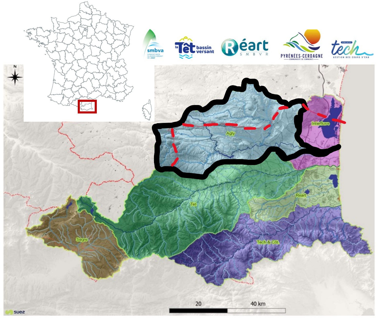 Figure 1. Extensions des différents bassins versants des Pyrénées-Orientales : bassin du Sègre en marron, du Tech en violet, de la Têt en vert foncé, du Réart en vert clair, les interfluves en rose et le bassin de l’Agly en bleu clair et contour noir ; limite départementale en pointillés rouges.