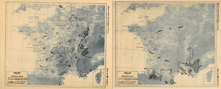Figure 1. Cartes pluviométriques des mois de mars et avril 1893, montrant un déficit pluviométrique qui s'accentue d'un mois à l'autre. Une image contenant texte, carte Le contenu généré par l’IA peut être incorrect.