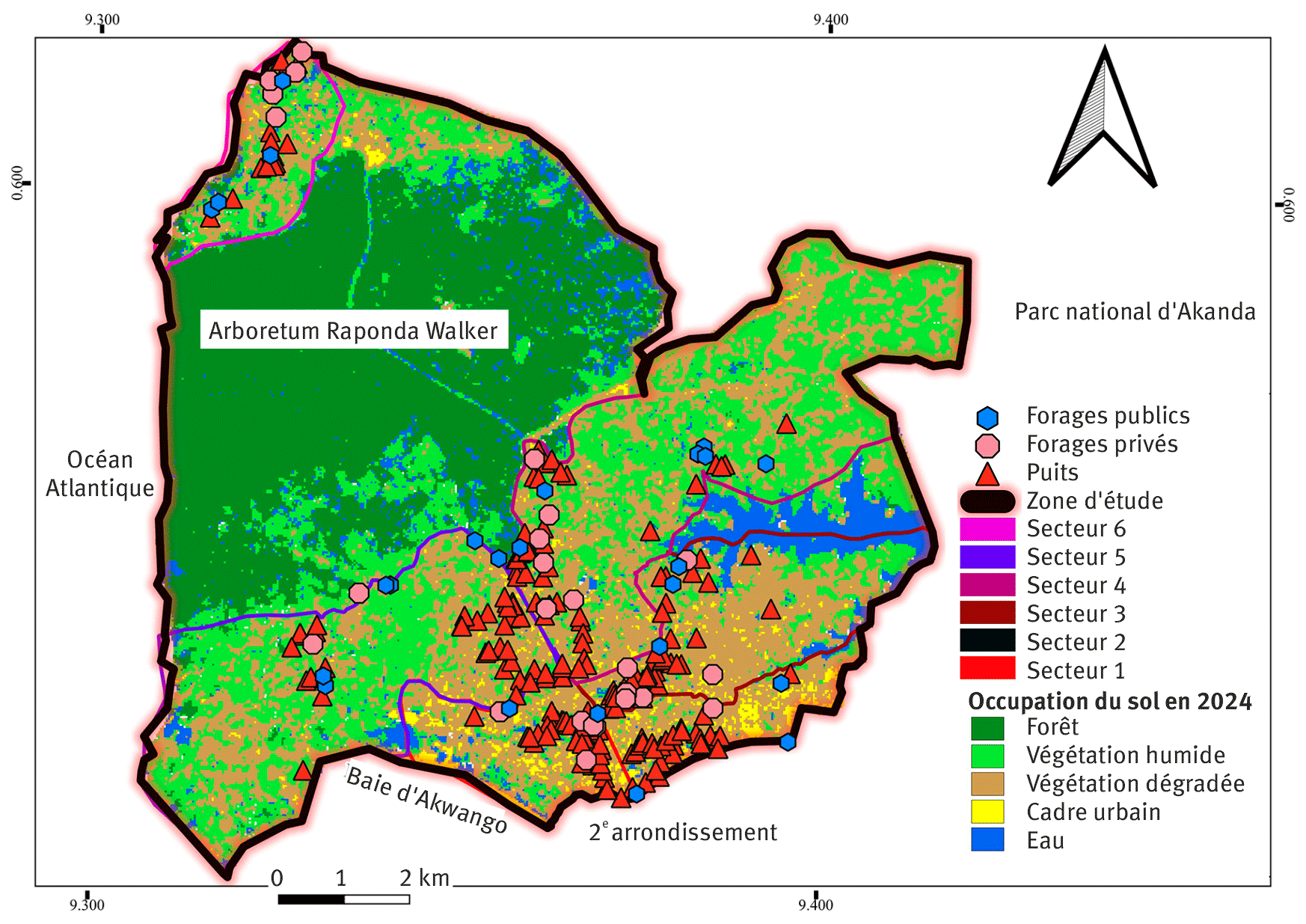 Fgure 2. Répartition des infrastructures hydrauliques dans la zone d’étude et relation avec le cadre urbain.
