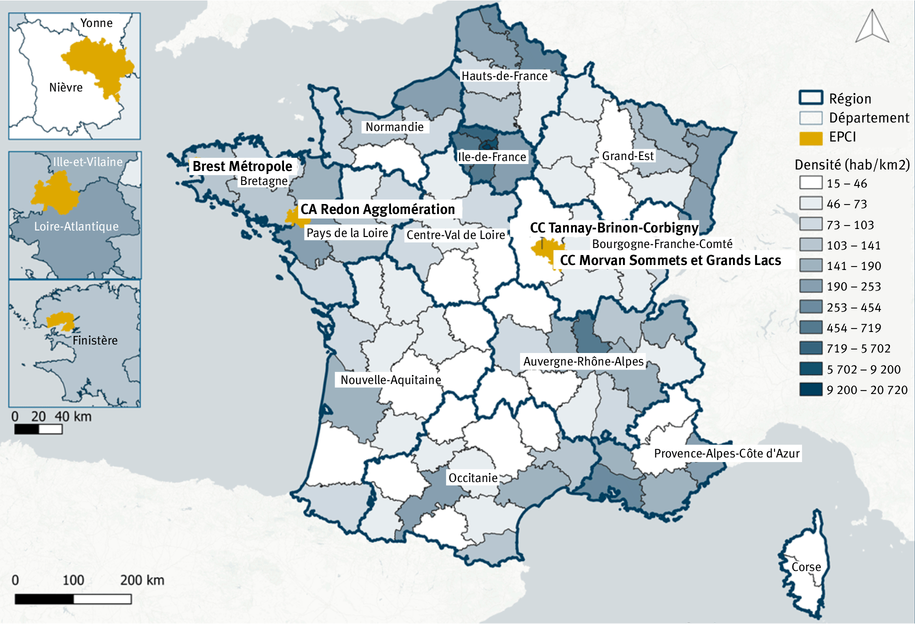 Figure 1. Cartographie de la densité de population des cas d’études.