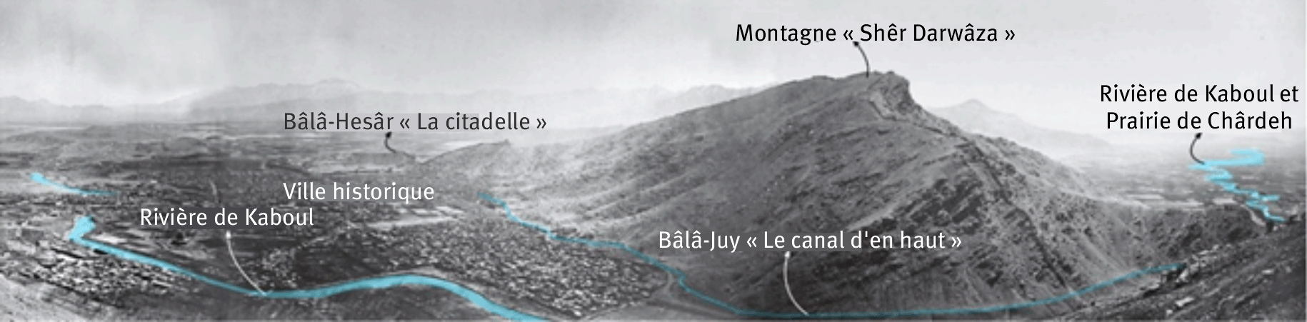 Figure 2. Le panorama de Kaboul, daté de 1879-1880, montre que la source du Bâlâ Juy provient de plus de six kilomètres en amont de la ville (Schinasi, 2008) (pl. 2a b).