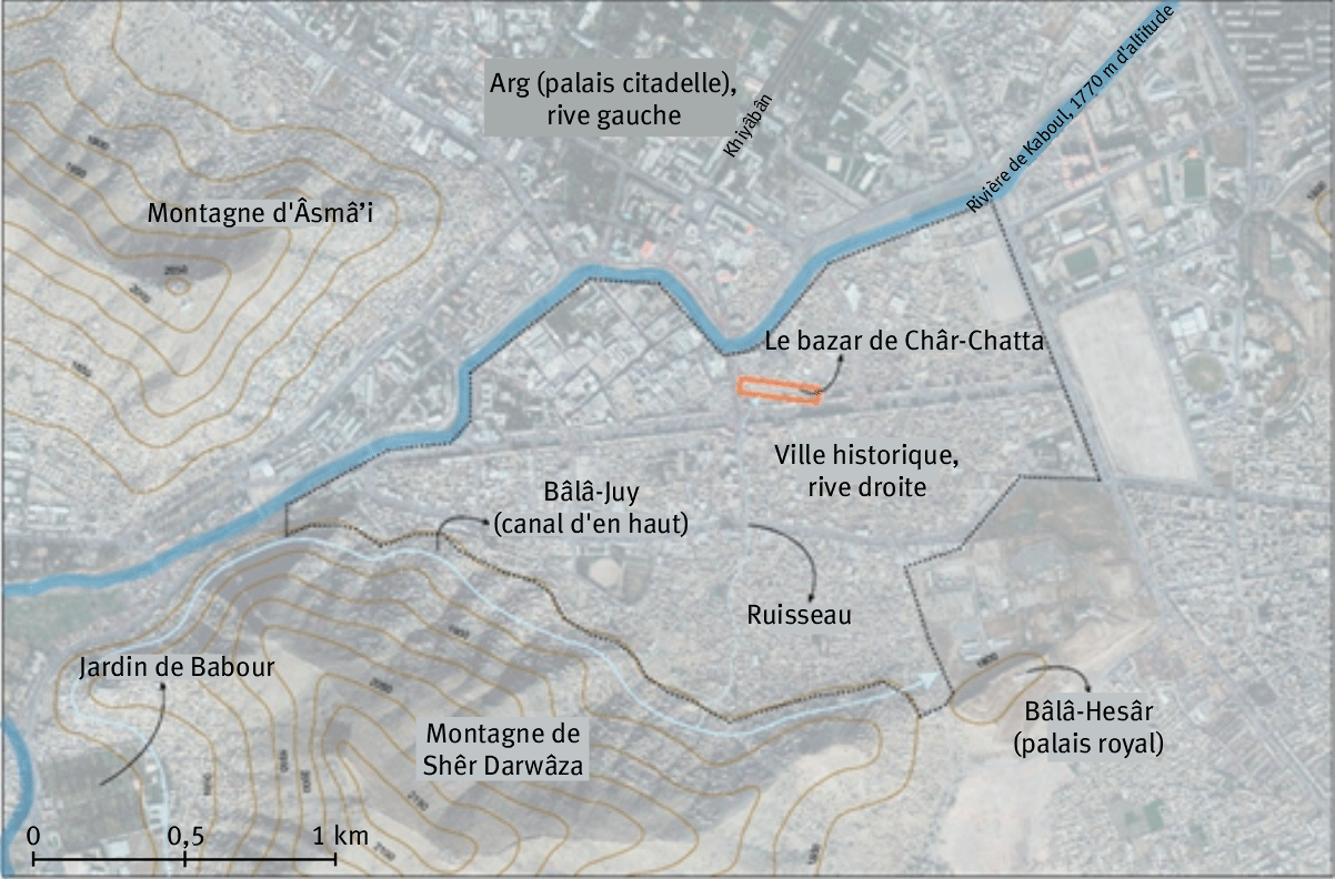 Figure 4. Selon diverses descriptions, le bazar de Châr-Chatta et le Bâlâ Hissâr de Kaboul sont alimentés par le canal de Bâlâ Juy, tandis que les fontaines du bazar, au XVIIe siècle, jaillissent grâce à une configuration géographique favorable.