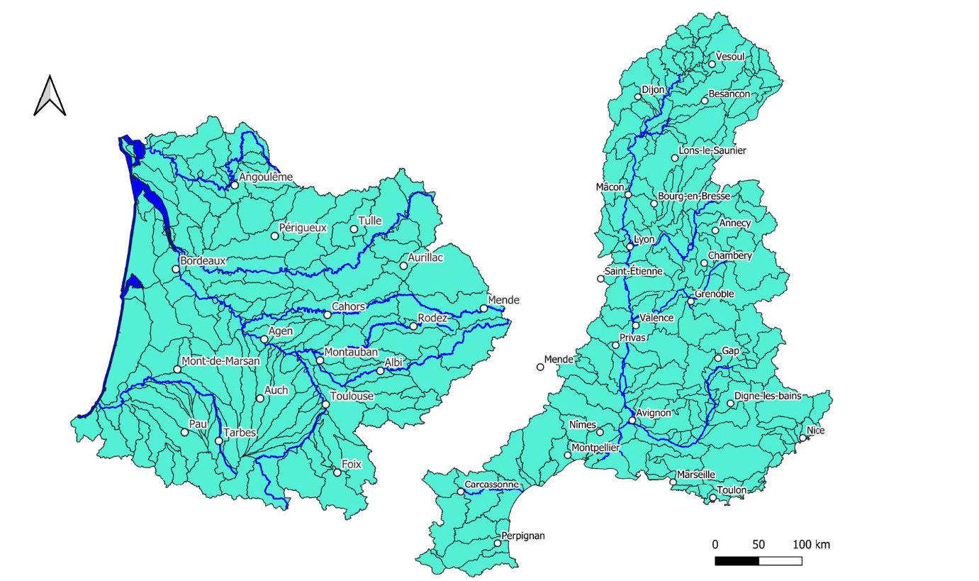 Figure 2. Découpage en sous-bassins versants (128 pour Adour-Garonne et 193 pour Rhône-Méditerranée) pris en compte dans les diagnostics et localisation des préfectures sur ces territoires.