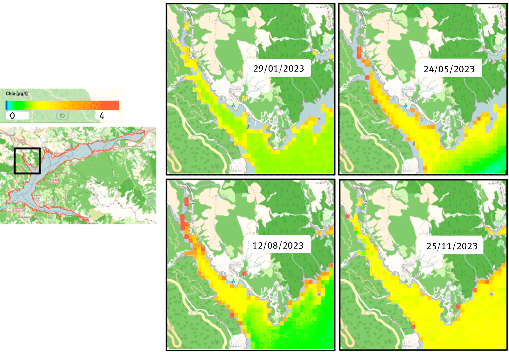 Figure 4. Illustration des variations observées des variables de qualité (concentrations en chlorophylle-a et transparence) sur la baie de Chanteloube (retenue de Serre-Ponçon). On observe des pics de concentration sur cette baie (par rapport au reste du plan d’eau) en période printanière (24/05/2023) et estivale (12/08/2023).